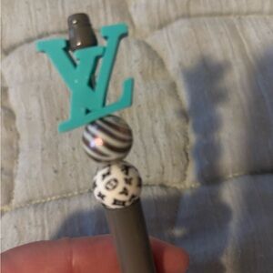 Teal LV Logo Pen with Patterned Beads